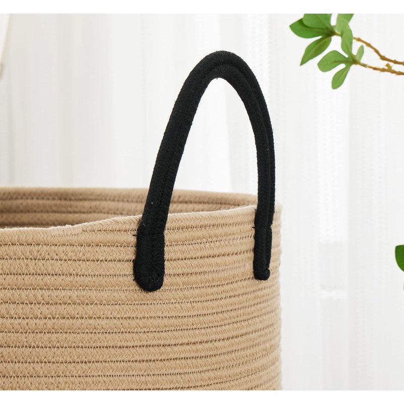 Large Woven Cotton Rope Laundry Hamper & Storage Basket - Boho Design, Brown/Black