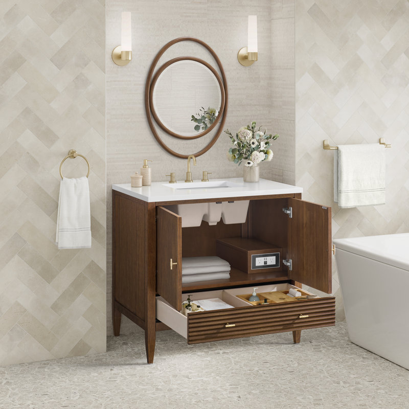 Myrrin 36'' W Single Vanity, Mid-Century Walnut, White Zeus, 8" Widespread