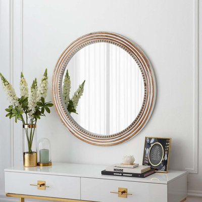 Rustic Round Wall Mirror, 23.62 Inches Wood Circle Mirror With Beads, Decorative Farmhouse Mirror For Living Room, Bedroom, Kitchen, Entryway (White)