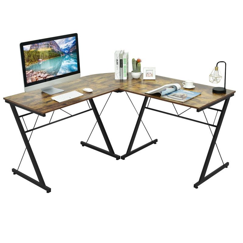 Bourdon L-Shaped Metal Base Writing Desk, Brown/Black
