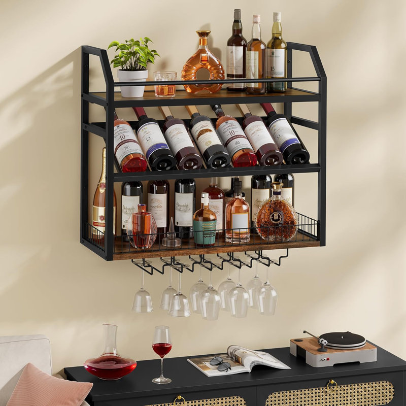 Support à vin mural, support à bouteilles de vin mural pour présentation et rangement, porte-bouteilles suspendu, pour salon, salle à manger, bar, cave à vin, brun rustique