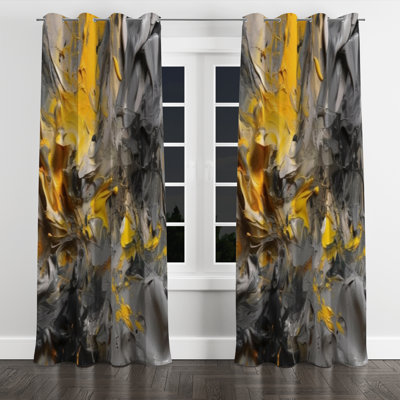 Mustard Yellow And Vivid Gray V - Abstract Velvet Grommet Curtain - 1 Panel