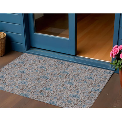 Tapis intérieur lavable floral 3 pi x 5 pi brun et bleu