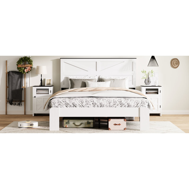 Structure de lit très grand en blanc, structure en métal et en bois, bruit, pas de sommier tapissier, facile à assembler, rangement sous le lit, tête de lit mi-profilée pour chambre à coucher avec design blanc,