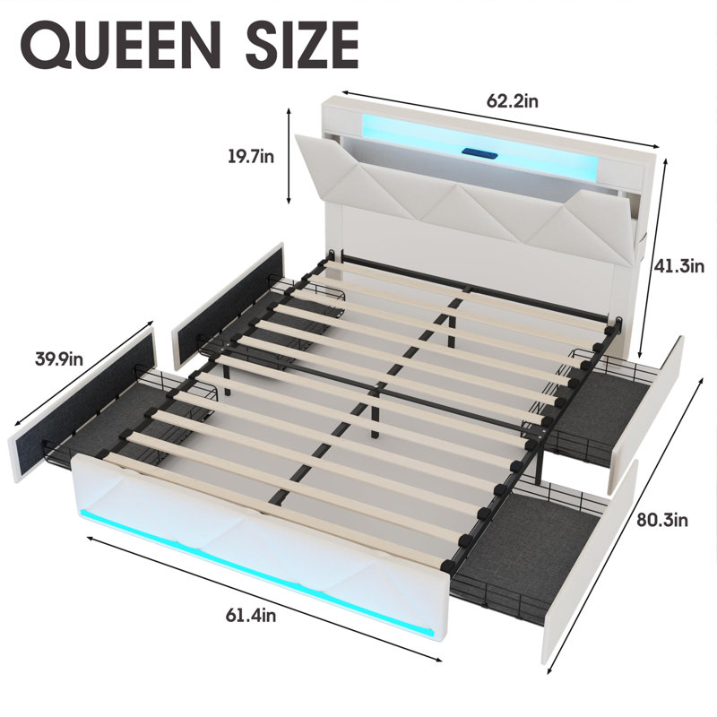 Bed Frame With Storage Headboard And 4 Drawers, Queen, Beige