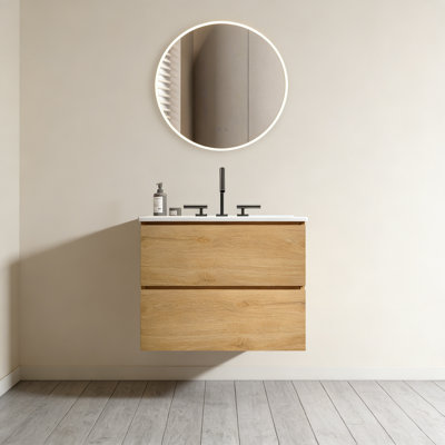 Meuble-lavabo mural avec lavabo en céramique avec trois trous de robinet, grand meuble-lavabo flottant de rangement pour salle de bain moderne, pré-assemblé