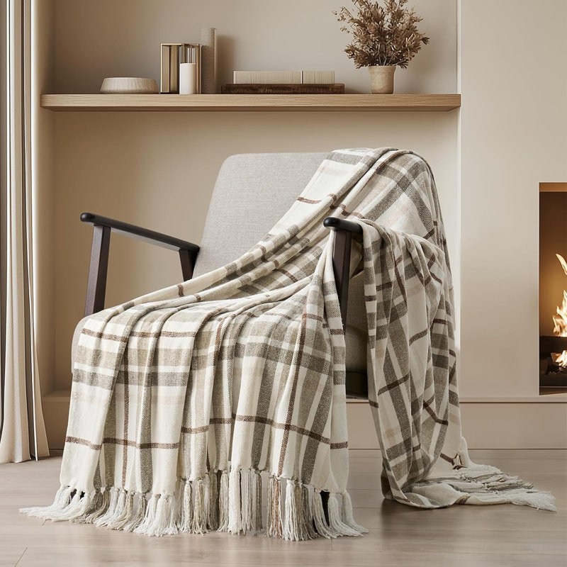Jeté en chenille douce, L 80 po x l 60 po, Beige / carreaux blancs