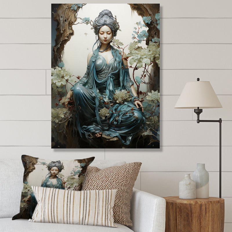 Art bouddhiste sarcelle beige avec bodhisattva sur toile, L 12 po x H 20 po, Toile tendue