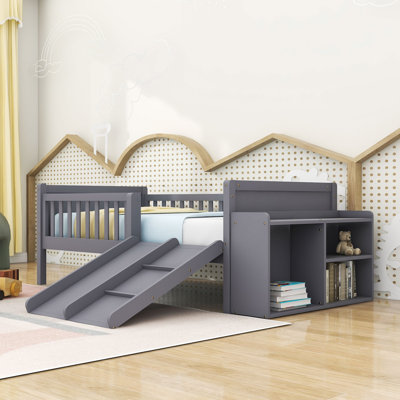 Multifunctional Twin Low Loft Bed with Slide, Climbing Feature and Movable Storage Shelves