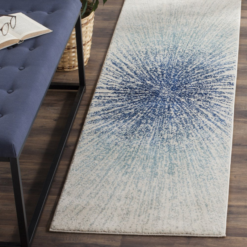 Tapis à motifs abstraits bleu royale et ivoire Faustina, Tapis de couloir 2 pi 2 po x 13 pi