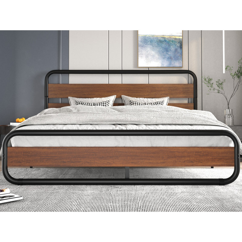 Darlicia Metal Platform Bed with Wood Headboard and Footboard, No Box Spring Needed,, Full, Walnut