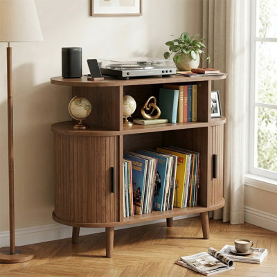 Large Round Record Player Stand, Record Storage Cabinet, Mid Century Modern Turntable Stand For Bedroom Living Room