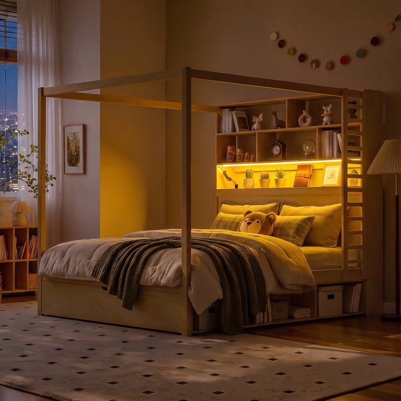 Lit à baldaquin en bois avec bibliothèque, prises USB, éclairage DEL, compartiments de rangement, tiroirs et penderie., Queen