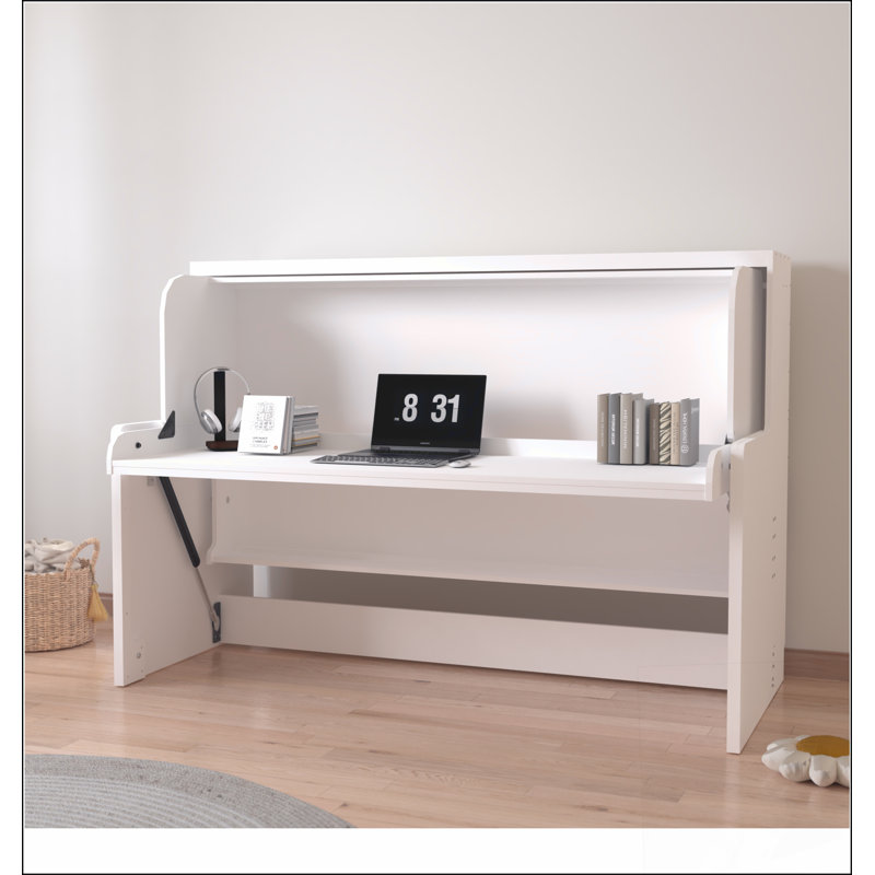 Lit simple blanc extra long avec bureau intégré, parfait pour un espace compact et multifonctionnel