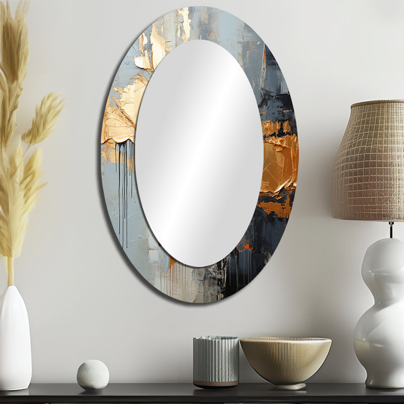 Gold and grey Modern liquid Shapes IV - Abstract Oval Decorative Mirror On Metal, 36" H x 24" W