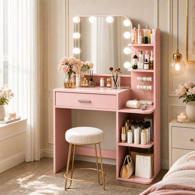 Meuble-lavabo 32 po avec miroir et 3 lumières DEL de couleur, coiffeuse avec 5 grandes tablettes de rangement et grand tiroir