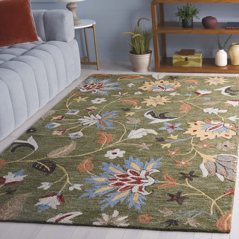 Jardin Handtufted Wool Cotton Floral Rug in Green/Blue, Rectangle 3" x 5"