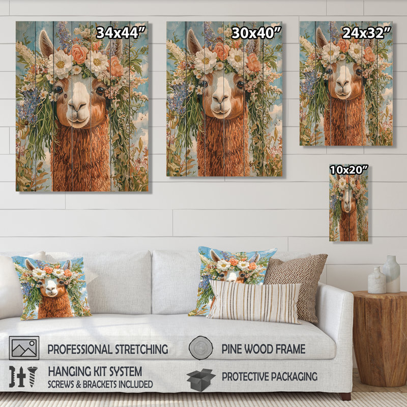 Décoration florale de lamas à couronne florale de lama sur bois de pin naturel, H 32 po x l 24 po