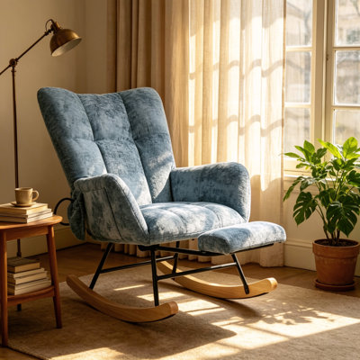Modern Upholstered Solid Wood Leg Rocking Chair, Beige Teddy