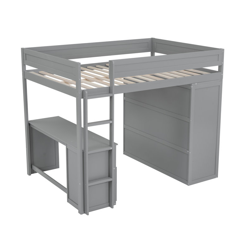 Lit mezzanine en bois avec bureau, garde-robe, tiroirs et rangement ouvert - Conception multifonctionnelle peu encombrante
