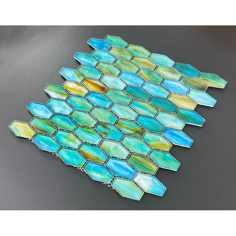 Iridescent 1 1/4" x 2" Long Hexagon Glass Mosaic Tile, Tropical Green 