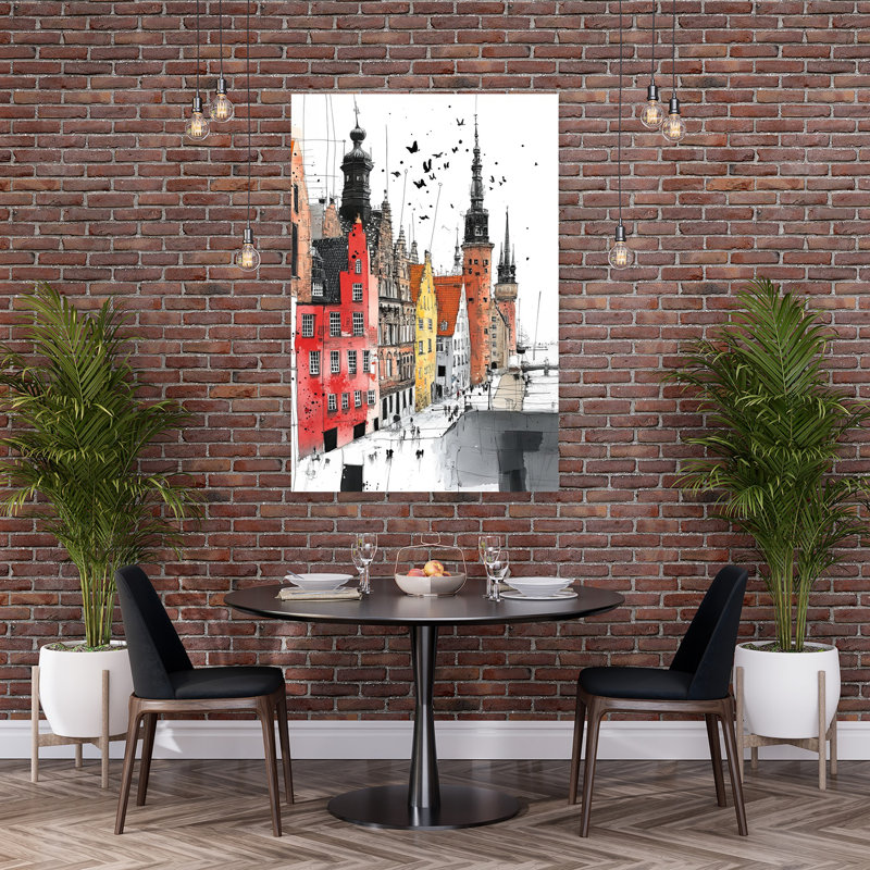 Vibrant Old Town Street Colorful Vibrant Abstract Bird Architecture City Wall Art Print 1 Piece Wrapped Canvas Wall Art