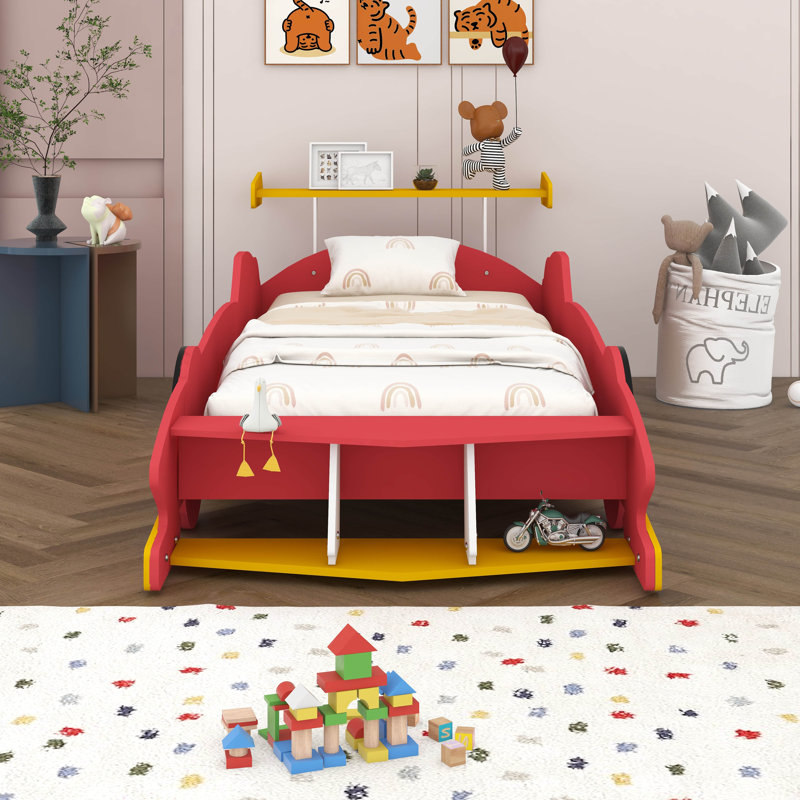 Lit plateforme en forme de voiture de course avec roues, Simple, Rouge