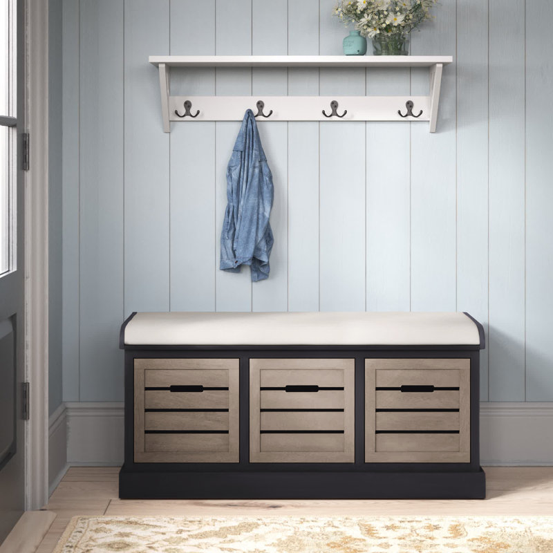 South Ferry Linen Upholstered Storage Bench, Black