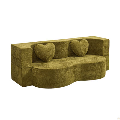Heart-Shaped Cheese Bed Convertible Sofa, 78.7 Inch No Assembly Sponge Sofa Bed in a Box with Pillows for Living Room, Apartment and Guest Room-Caramel Brown