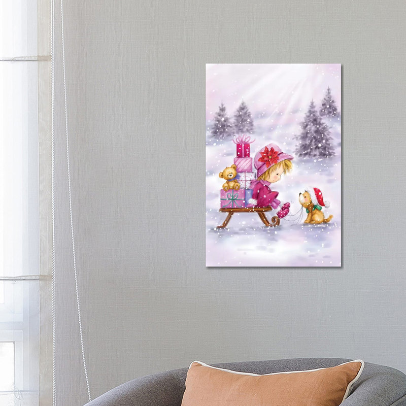 Girl With Present And Dog by MAKIKO - Wrapped Canvas Painting, 66.04 cm H x 45.72 cm W x 3.175 cm D
