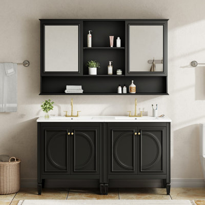 Ensemble de meuble-lavabo à double cuve 60 "avec armoire à pharmacie murale assortie, portes à panneau rond surélevé rétro et pieds fuselés, charnières à fermeture douce, tablettes de rangement réglables