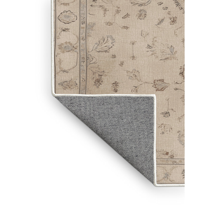 Machine Washable Tabriz Beige Area Rug, Round 5'