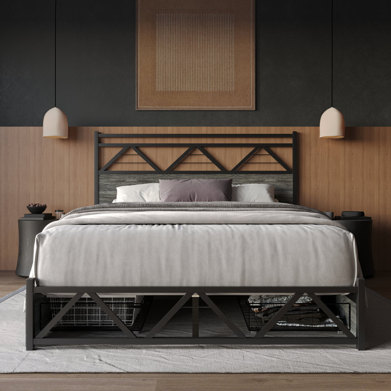 Lit plateforme double en métal avec rangement en chêne naturel, Grand, Gris foncé