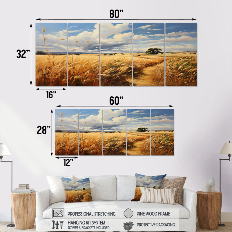 «Yellow Wheat Field Meadows I - Meadow», ensemble de 5 pièces d'art mural, H 28 po x l 60 po