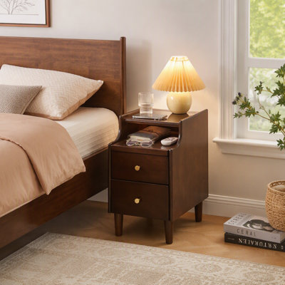 Solid Wood Nightstand with Two Drawers and Pull-out Panel Storage Bedside Table and Sofa Side Table