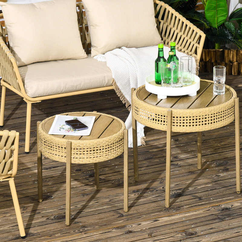 Table de bout de patio 2 pièces, Pe, café extérieur avec plateau en métal, intriguant, surface brune