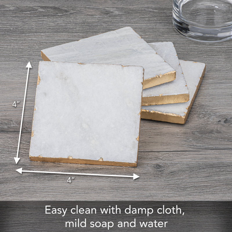 Providence Natural White Marble Coasters with Edges, Gold