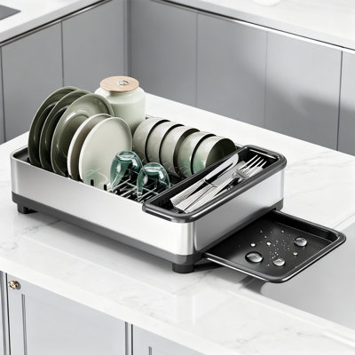 Stainless Steel Dish Drying Rack With Drainboard And Utensil Holder, Space Saving Kitchen Counter Organizer For Plates Bowls And Cookware