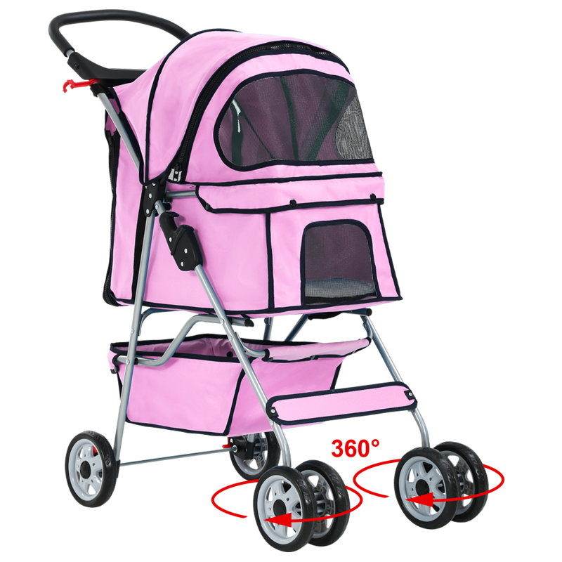 Pink 4-Wheel Pet Stroller with Mesh Windows