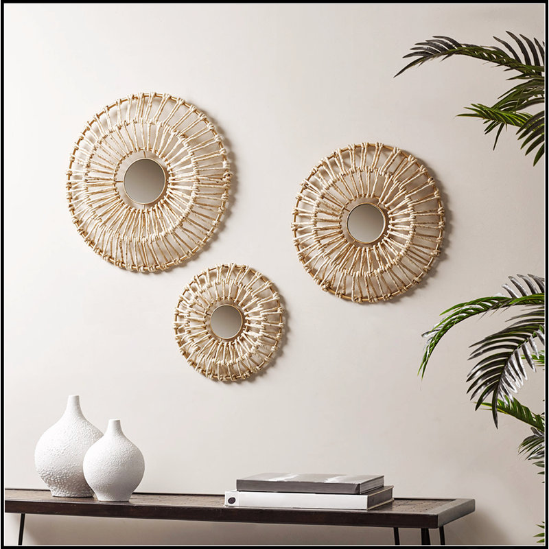 Ensemble de décoration murale ronde en fibre naturelle et miroir 3 pièces, parfait pour les décors bohémiens modernes et les options de présentation polyvalentes.