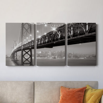 Bay Bridge At Night - Toile tendue avec châssis de qualité supérieure - Prêt à être accroché