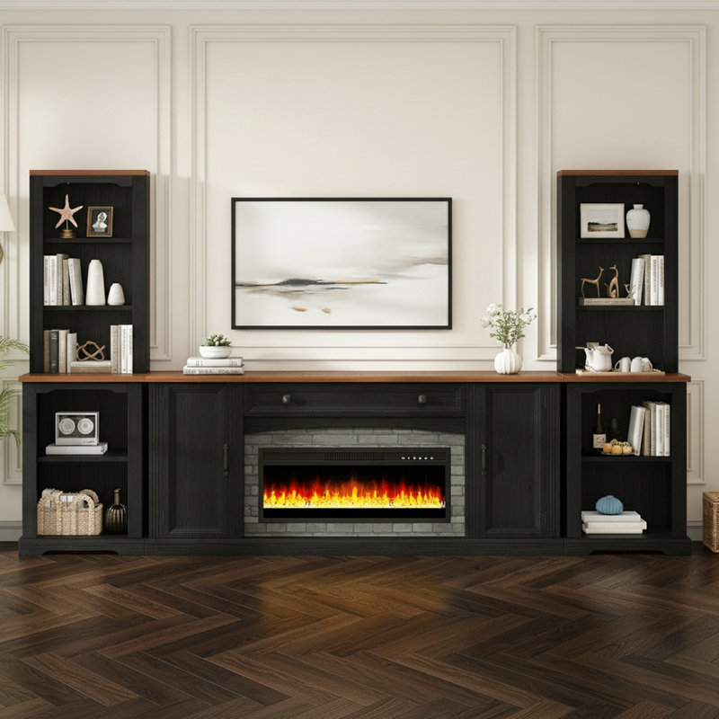Meuble audio-vidéo 3 pièces avec foyer électrique, rangement et tablettes, Noir, Oui