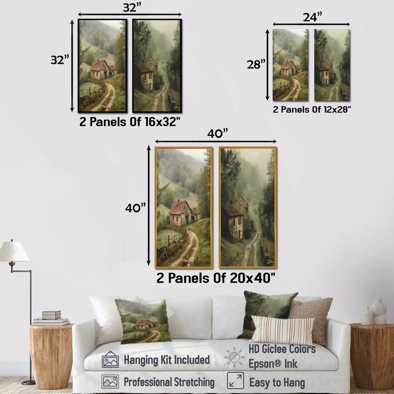 Ensemble de 2 pièces d'art mural vert paysage vert, H 28 po x l 24 po, Cadre flottant doré