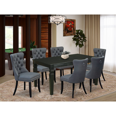 7 Piece Kitchen Table Set Contains a Rectangle Dining Table with Butterfly Leaf and 6 Polyester Fabric Upholstered Chairs, Black