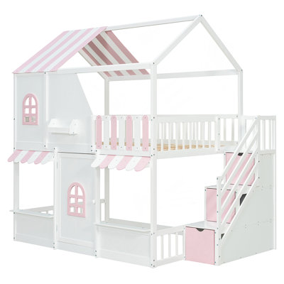 Full Over Full House Bunk Bed with Storage Staircase & Shelves, Wooden Kids Bunk Bed Frame with Playhouse Design, Roof & Door, Storage Steps and Open Shelving