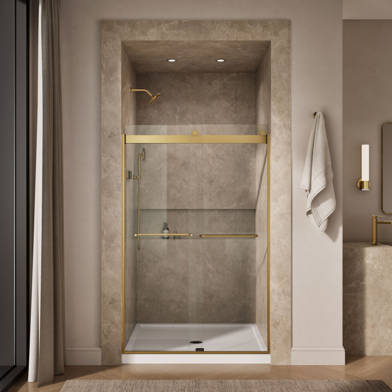 Levity 47.63" x 74" Bypass Shower Door with CleanCoat Technology, Moderne Brass, Crystal Clear