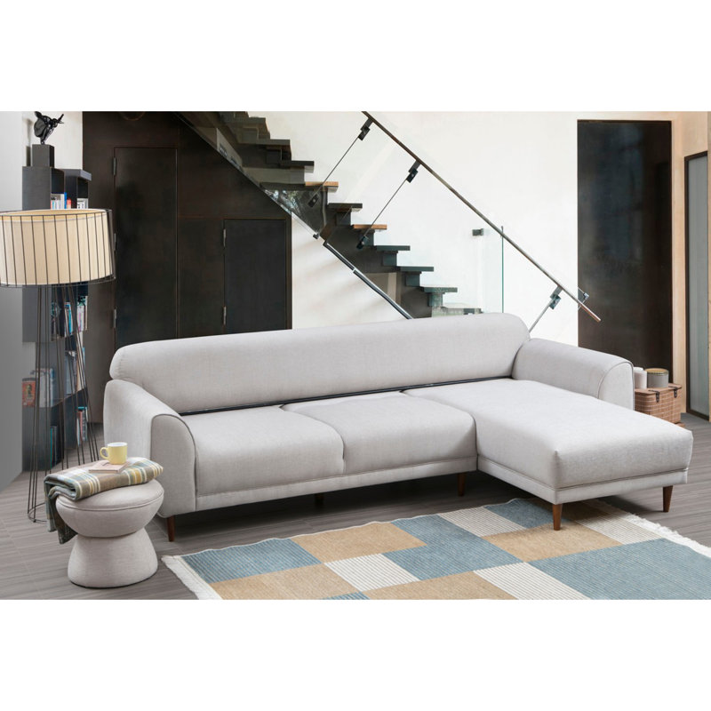 Canapé-lit d'angle, tissu beige, 113,0 po x 66,5 po x 33,5 po | Structure en bois de hêtre et en carton, 100% polyester, mousse à ressort 10 cm, coussins 60% cassé / 40% mousse de silicone | Comprend 2 coussins de 18 po x 18 po, design élégant et fonctionnel