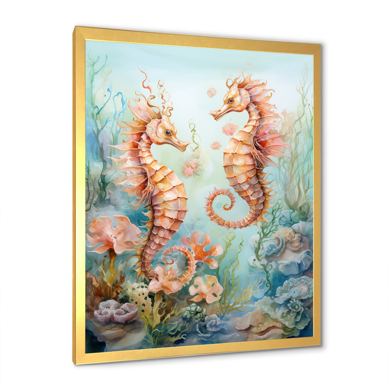 «Watercolor Sea Dragons Dance» sur toile, H 44 po x l 34 po x P 1,5 po, Encadrement doré
