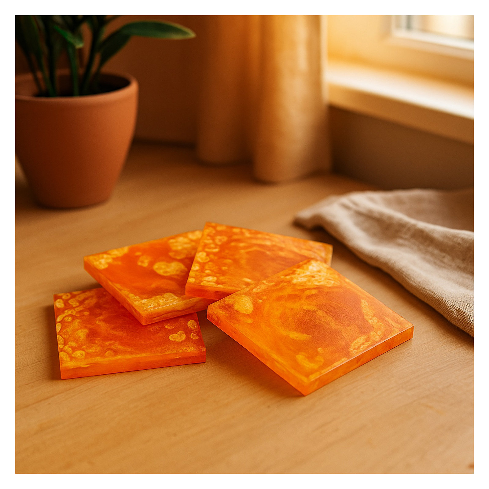 Set Of 4 Square Coasters Resin Dia 3.9", Orange