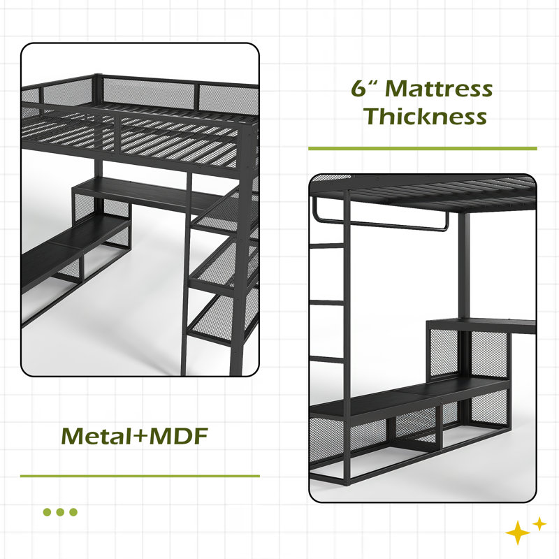 Grand lit mezzanine avec tablettes de rangement